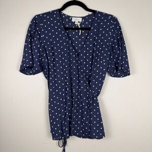 Lucky Brand Wrap Top Women's Medium Navy Blue Polka Dot Tie Waist Surplice Neck